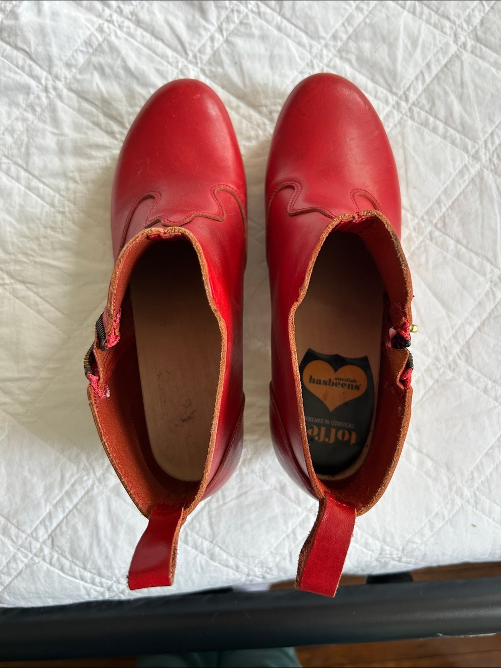 Swedish Hasbeens Red Leather Ankle Booties